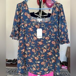 Wonderly Blue and Red Floral Boho Top